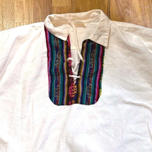 Vintage Ecuador Cotton Woven Shirt Andean Ethnic Lace Up Unisex Bohemian Sz L - Picture 3 of 7